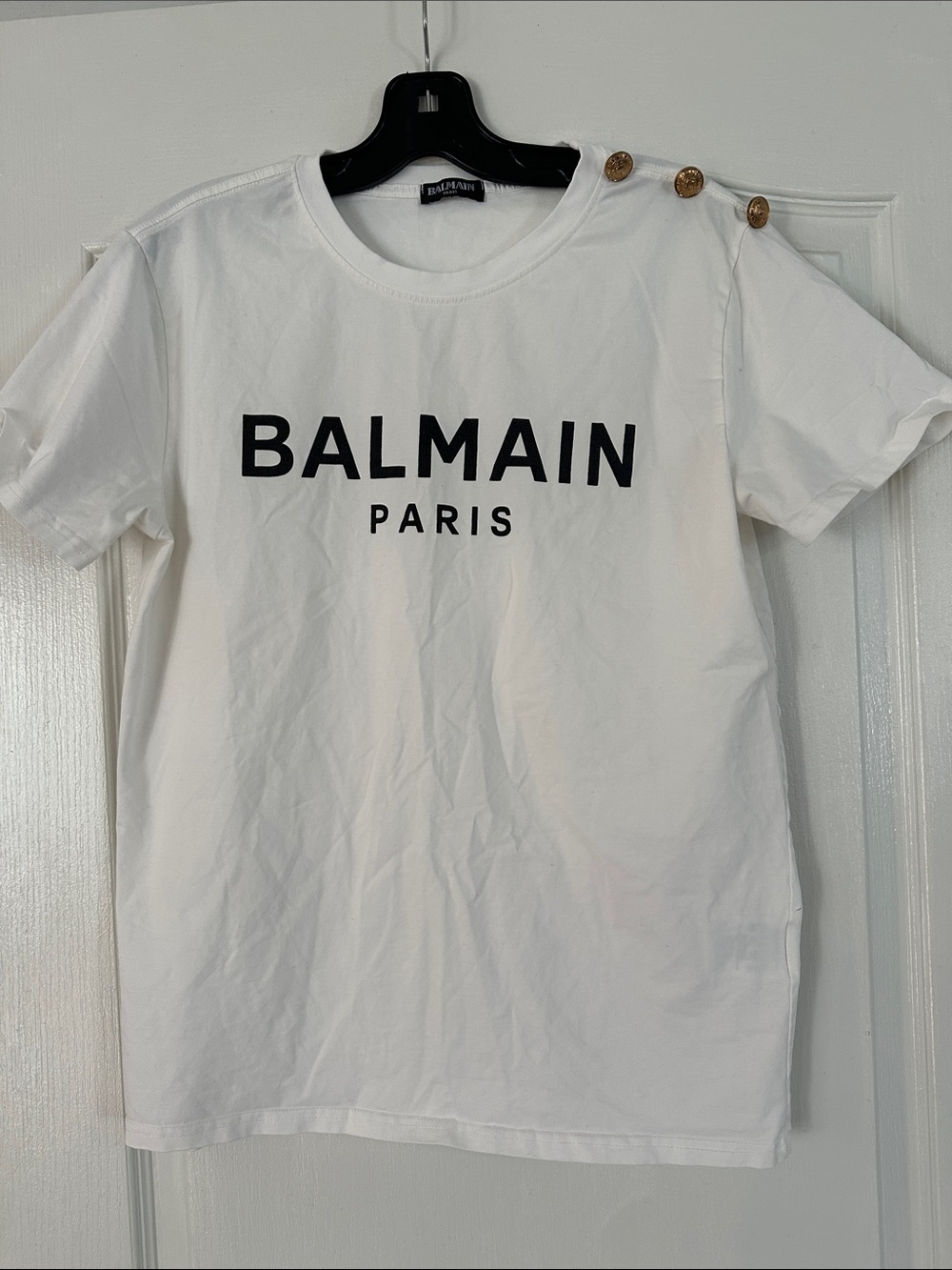 Balmain White Short-Sleeve Tee with Black Logo and Gold-Tone Buttons
